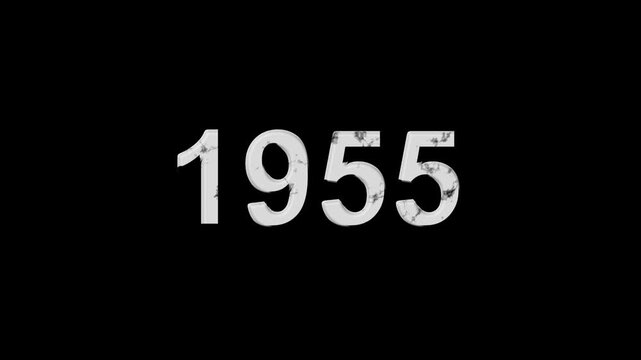Vintage 1955 number animation on black background. Old film style historical year loop. White 1955 number text on black background. Minimal countdown or year concept animation.