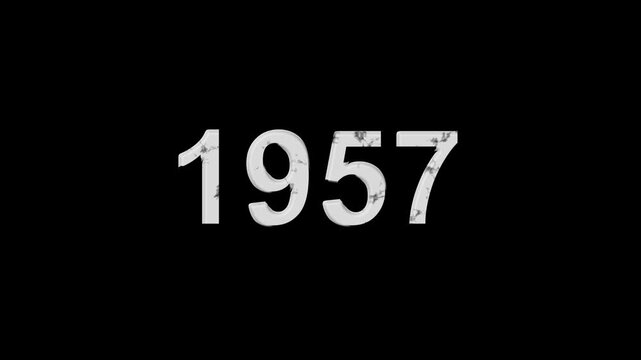 Vintage 1957 number animation on black background. Old film style historical year loop. White 1957 number text on black background. Minimal countdown or year concept animation.