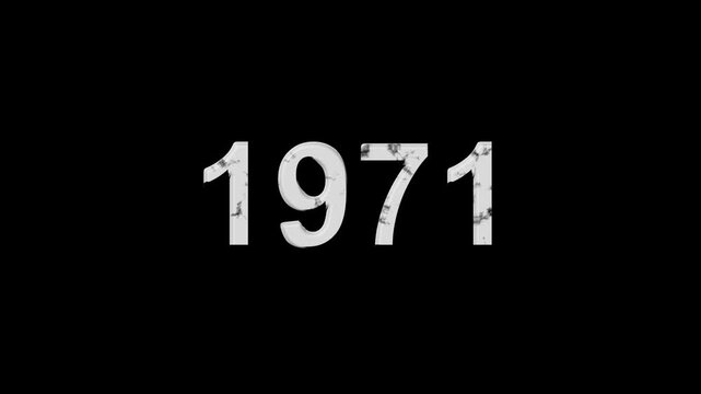 Vintage 1971 number animation on black background. Old film style historical year loop. White 1971 number text on black background. Minimal countdown or year concept animation.