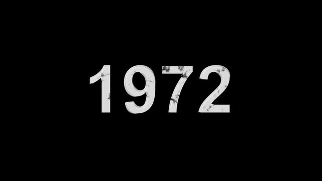 Vintage 1972 number animation on black background. Old film style historical year loop. White 1972 number text on black background. Minimal countdown or year concept animation.