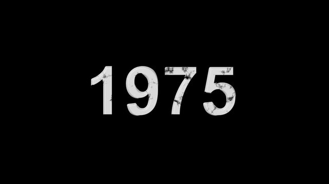 Vintage 1975 number animation on black background. Old film style historical year loop. White 1975 number text on black background. Minimal countdown or year concept animation.