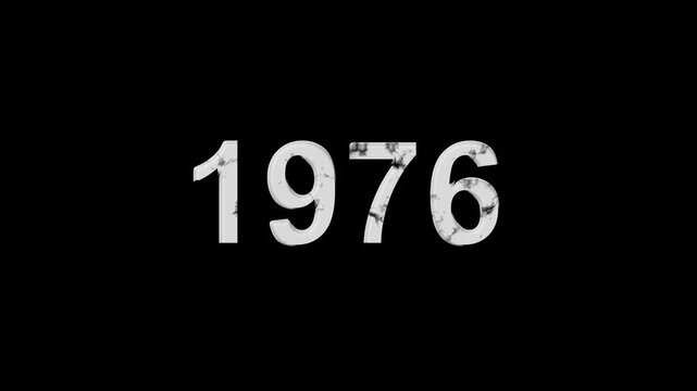 Vintage 1976 number animation on black background. Old film style historical year loop. White 1976 number text on black background. Minimal countdown or year concept animation.
