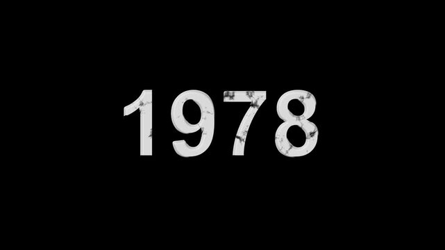 Vintage 1978 number animation on black background. Old film style historical year loop. White 1978 number text on black background. Minimal countdown or year concept animation.