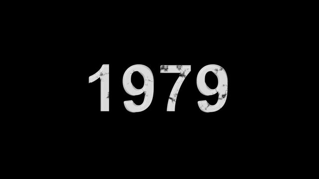 Vintage 1979 number animation on black background. Old film style historical year loop. White 1979 number text on black background. Minimal countdown or year concept animation.