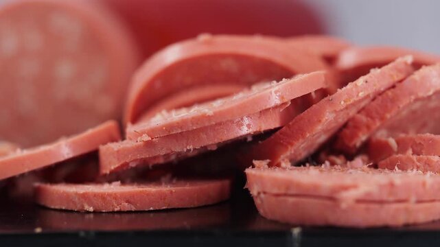 Close up view of sliced pink sausage slices rotating on black surface with blurred background.