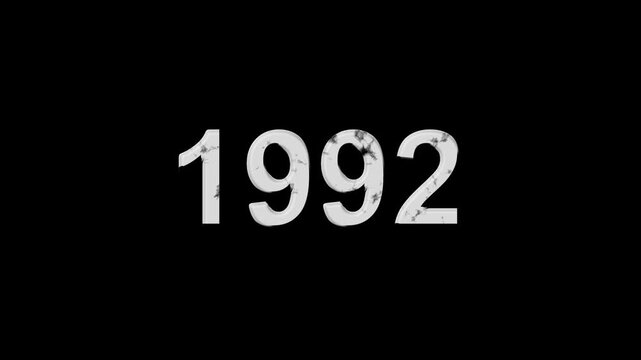 Vintage 1992 number animation on black background. Old film style historical year loop. White 1992 number text on black background. Minimal countdown or year concept animation.
