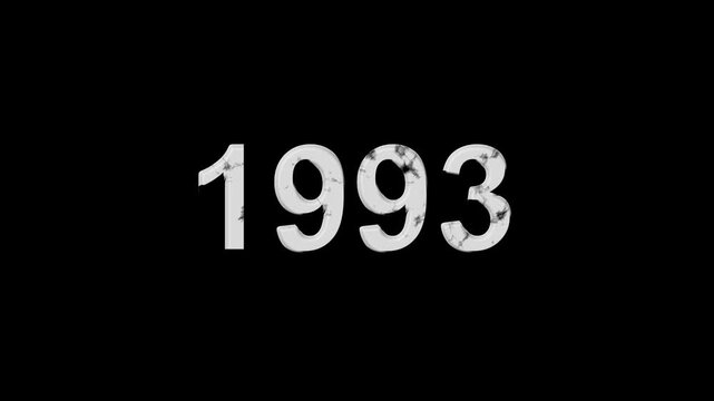 Vintage 1993 number animation on black background. Old film style historical year loop. White 1993 number text on black background. Minimal countdown or year concept animation.