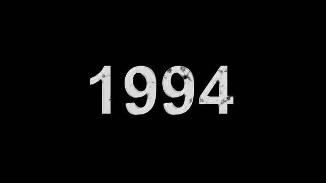 Vintage 1994 number animation on black background. Old film style historical year loop. White 1994 number text on black background. Minimal countdown or year concept animation.