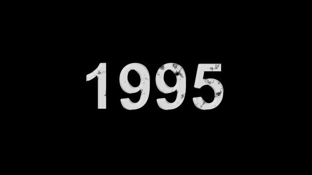 Vintage 1995 number animation on black background. Old film style historical year loop. White 1995 number text on black background. Minimal countdown or year concept animation.