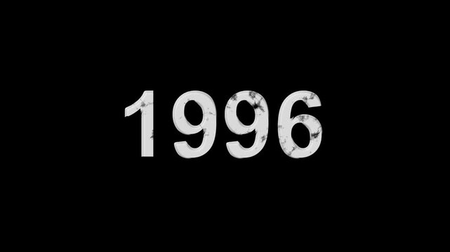 Vintage 1996 number animation on black background. Old film style historical year loop. White 1996 number text on black background. Minimal countdown or year concept animation.