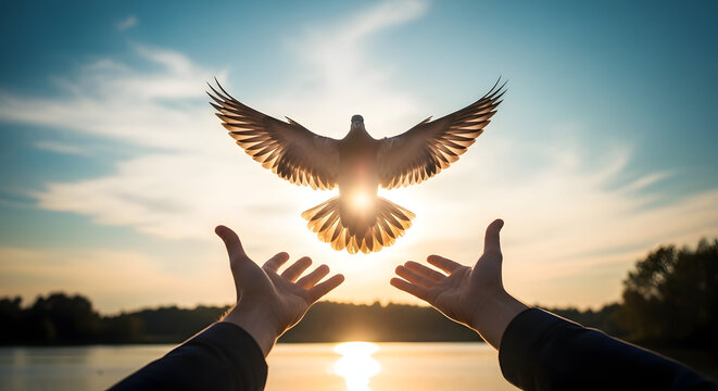 Hands releasing a bird into the sunset