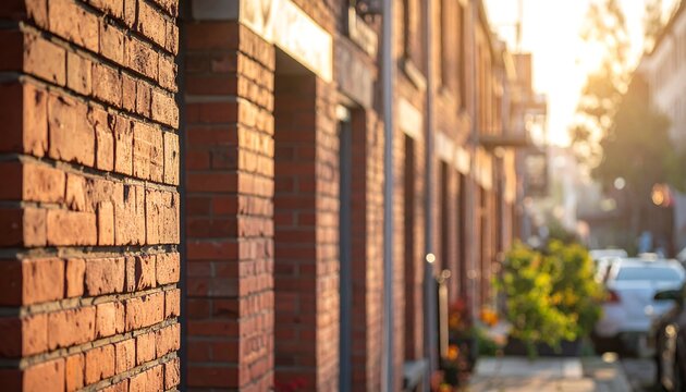Brick building facade, bokeh background. Warm sunlight. Red brick street in neighborhood setting