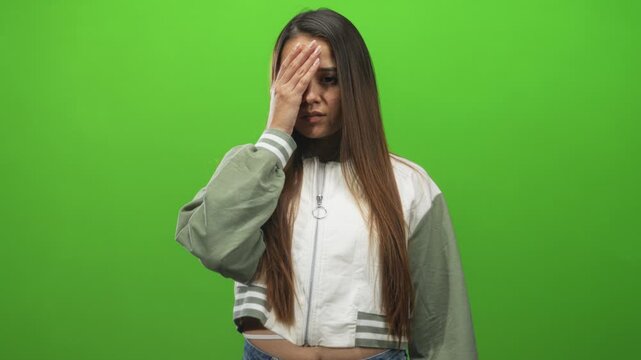 Woman covers one eye with hand, palm over face and visible long hair, cropped white and sage jacket with ring zipper and exposed midriff in studio; stress reflection.