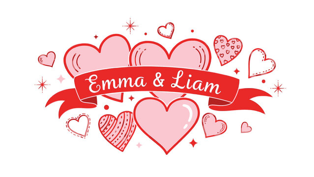 Custom illustration of pink hearts and red banner with names emma liam isolated on white background