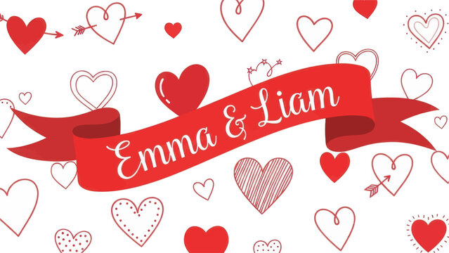 Red ribbon with emma liam names on white background with hearts