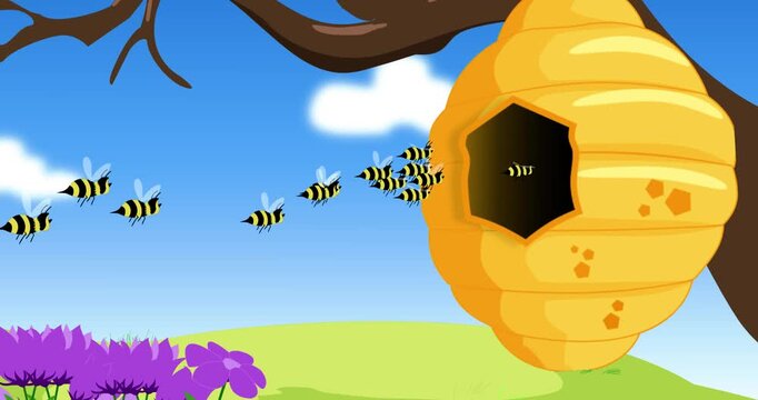 cartoon illustration of a bunch of bee flying to a beehive