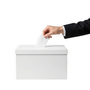 Hand in black suit sleeve dropping ballot into white voting box isolated on transparent background
