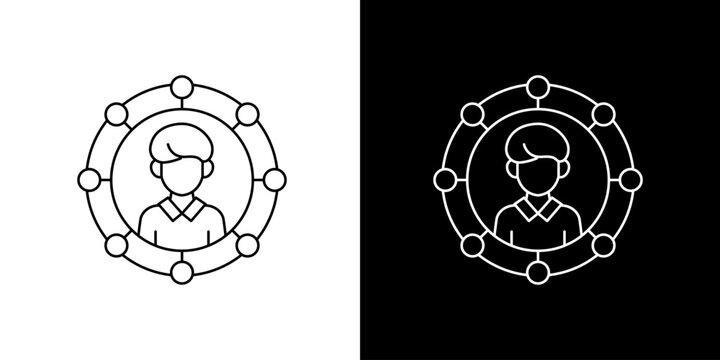 Abstract vector icon representing a central user within a connected network, illustrating concepts of social connection, community, and group interaction