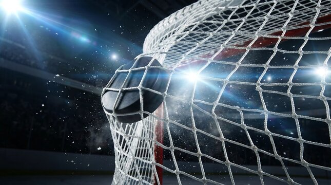 Ice hockey puck hitting white net in goal during fast paced professional match at indoor arena with bright spotlights and blurred stadium audience background for sports championship.