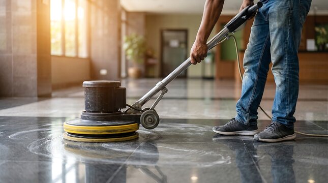 Commercial floor cleaning machine buffing shiny dark marble in sunlight with person in jeans operating it, detailed view of work in progress with circular motion polish.