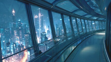 Fototapeta premium Futuristic Cityscape View from Modern Interior Tunnel at Night, Offering a Glimpse into Urban Innovation