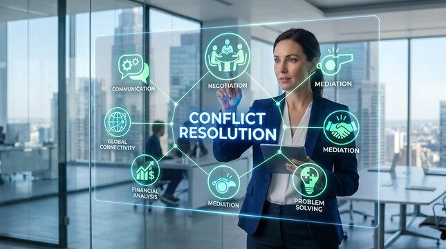 Conflict resolution concept with business woman touching holographic screen showing negotiation and mediation icons in urban office setting.