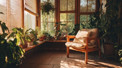 Fototapeta premium Sunlit Indoor Garden Retreat with Comfortable Armchair and Lush Potted Plants near Large Windows