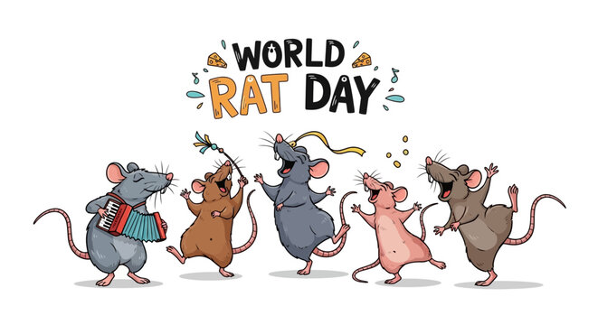 Colorful illustration of five dancing rats celebrating World Rat Day with joyful expressions and dynamic poses.