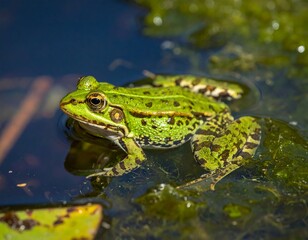 Obraz premium Close-up of a vibrant green frog floating in still water, surrounded by lily pads and algae. The amphibian's spotted skin is detailed