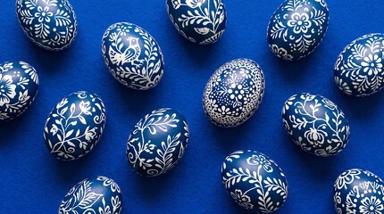 Fototapeta premium Array of handcrafted blue easter eggs featuring delicate white ornaments and bird motifs on blue felt background perfect for traditional spring themes and holiday visual projects.