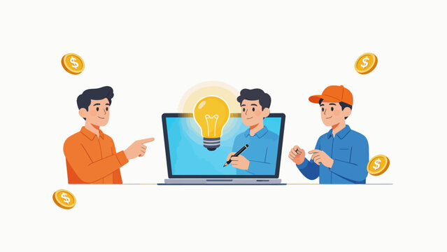 Three people collaborating on a laptop idea