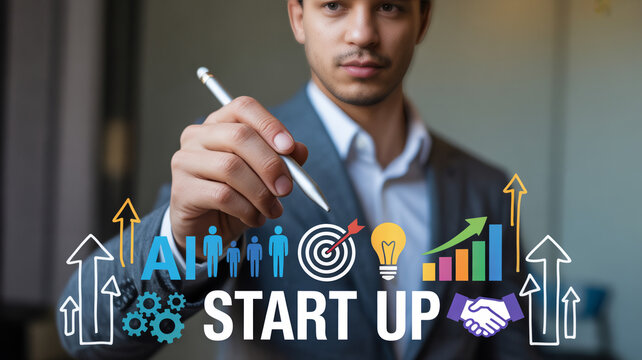 A focused young man in a business suit points a stylus pen at a vibrant holographic display featuring start up icons and growth concepts in a modern o