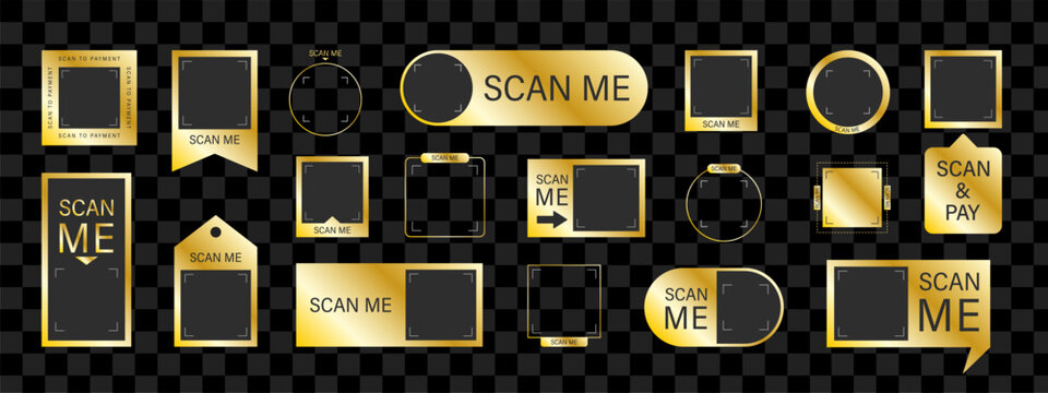 Scan me Frame. Retail shopping sticker. Blank barcode and QR code for mobile payment. Set of Luxury Gold Payment stickers. Vector illustration.