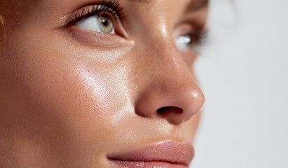Fototapeta premium Close-Up Portrait of a Woman with Glowing Skin, Featuring Natural Beauty and a Fresh, Healthy Complexion