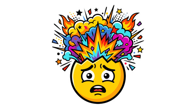 Exploding head emoji bursting with colorful thoughts and fiery stress