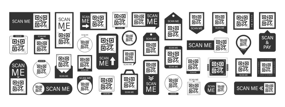 Scan me Frame. Mobile payment sticker template with barcode and QR code for online shop. Scan by phone. Click app button for quick pay. Minimalist Vector illustration.