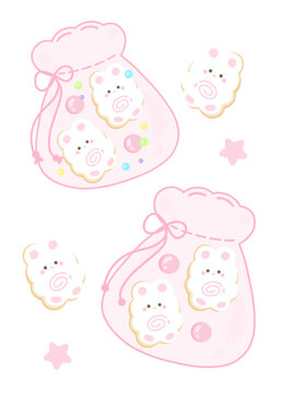 A cute pink drawstring bag with pastel bubbles and two adorable teddy bear bunny cookies inside, illustrated in a soft kawaii cartoon style. Set sticker collection