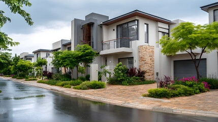 Obraz premium Beautiful contemporary modern family house with lush landscaping in a peaceful neighborhood setting