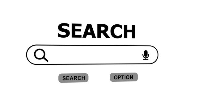Search Bar Interface with Magnifying Glass and Microphone for Online Query and Voice Search Options on a 4k 3D background animation Clean White Background