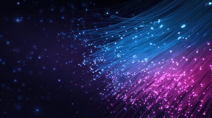 Fototapeta premium Fiber Optic Cables Glowing with Blue and Purple Light, Modern Data Transmission and Futuristic Technology