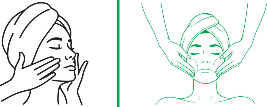 Minimalist line art vector of a woman with a head towel receiving a facial massage. Elegant black and green illustrations ideal for beauty salons, skincare, and wellness branding.