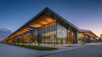 Obraz premium Sleek Contemporary Airport Terminal Building at Dusk with Warm Lights and Autumn Trees