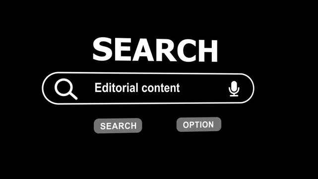 Search bar with text input for editorial content and microphone icon on black background search engine