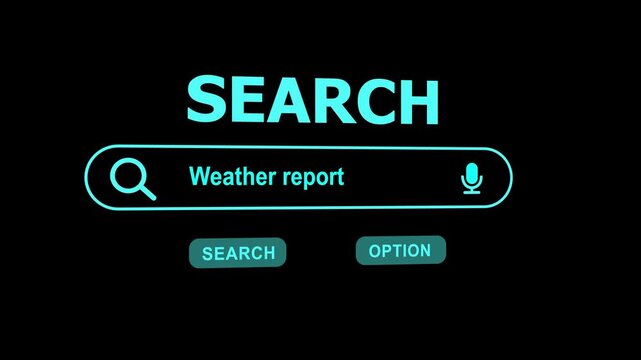 Search bar with text Weather report and microphone icon on black background input field