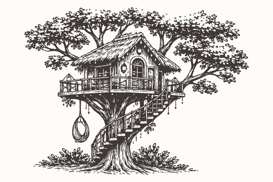 Charming rustic treehouse with a spiral staircase and hanging chair, hand drawn sketch vector illustration for play, leisure, and childhood themes.