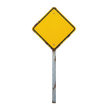 Yellow diamond shaped road sign on a metal post isolated on transparent background