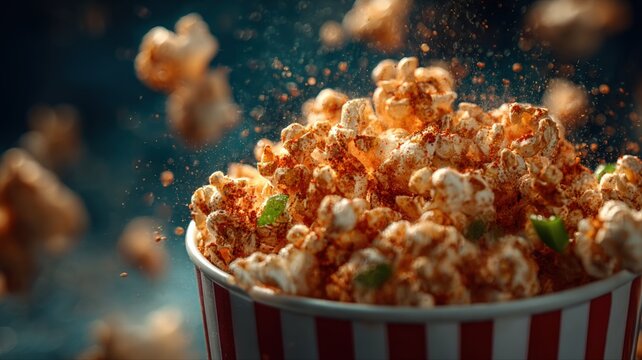 Delicious popcorn in striped bucket with seasoning and spices for a tasty movie night snack