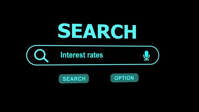 Search bar with text Interest rates and microphone icon on black background internet online