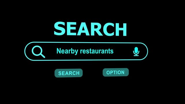 Search bar with " Nearby restaurants" query and microphone icon on black background search engine internet