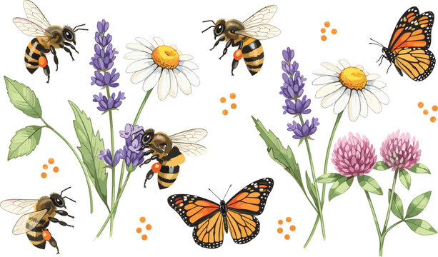 Realistic bees butterflies and wildflowers botanical illustration set pollination garden nature elements lavender daisy clover detailed vector collection